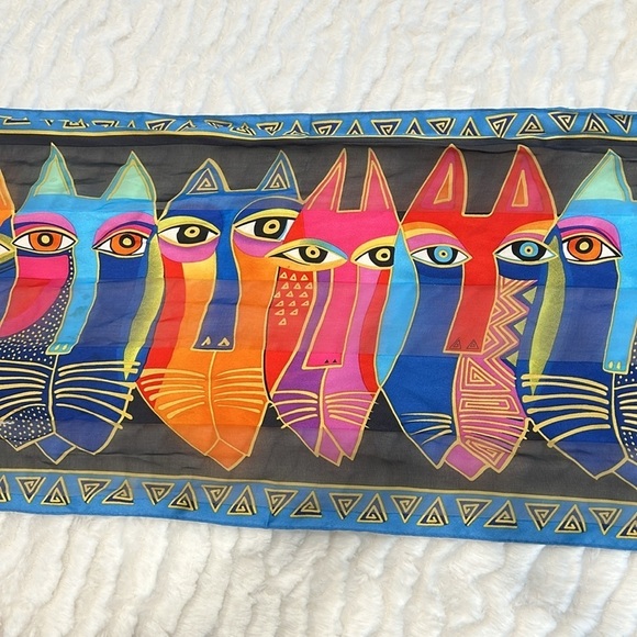 Laurel Burch Silk SCARF Oblong Tribal Cat Faces Wrap Retired multicolor - Picture 4 of 8